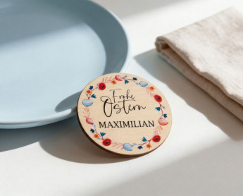 Platzkarten Ostern Holz Ø6cm | personalisiert | Frühlingskranz Frühlingsblau