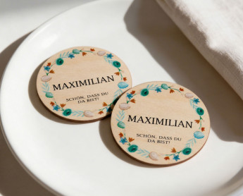 Platzkarten Ostern Holz Ø6cm | personalisiert | Frühlingskranz Frühlingsblau