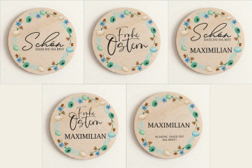 Platzkarten Ostern Holz Ø6cm | personalisiert | Frühlingskranz Frühlingsblau