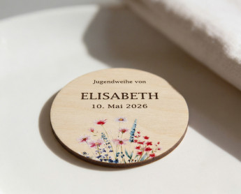Marque-places communion confirmation bois Ø6cm | personnalisés | Prairie de fleurs d’été