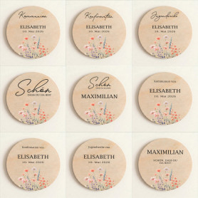Marque-places communion confirmation bois Ø6cm | personnalisés | Prairie de fleurs d’été