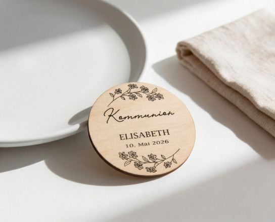 Platzkarten Kommunion Konfirmation Jugendweihe Holz Ø6cm | personalisiert | Blütenzweig – Line Art