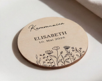 Platzkarten Kommunion Konfirmation Jugendweihe Holz Ø6cm personalisiert | Wildblumen – Line Art
