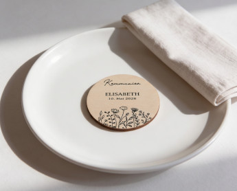 Platzkarten Kommunion Konfirmation Jugendweihe Holz Ø6cm personalisiert | Wildblumen – Line Art