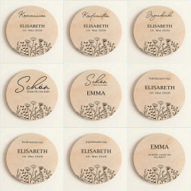 Platzkarten Kommunion Konfirmation Jugendweihe Holz Ø6cm personalisiert | Wildblumen – Line Art