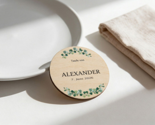 Plaatskaartjes doop hout Ø6cm | gepersonaliseerd | eucalyptuskrans