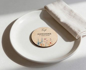 Marque-places baptême bois Ø6cm | personnalisés | Prairie de fleurs sauvages