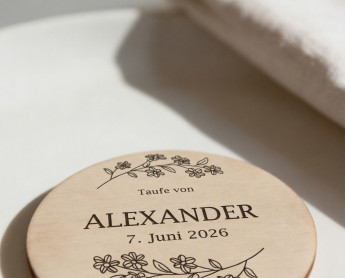 Segnaposto battesimo legno Ø6cm | personalizzati | Ramo di fiori – stile line art