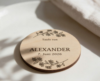 Segnaposto battesimo legno Ø6cm | personalizzati | Ramo di fiori – stile line art
