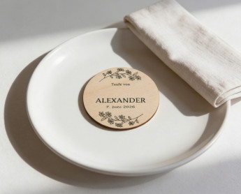 Segnaposto battesimo legno Ø6cm | personalizzati | Ramo di fiori – stile line art