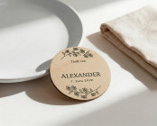Segnaposto battesimo legno Ø6cm | personalizzati | Ramo di fiori – stile line art