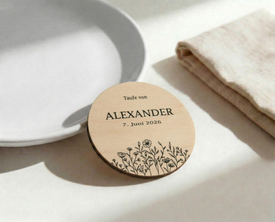 Platzkarten Taufe Holz Ø6cm | personalisiert | Blumenwiese – Line Art