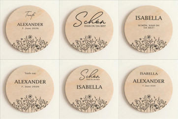 Platzkarten Taufe Holz Ø6cm | personalisiert | Blumenwiese – Line Art
