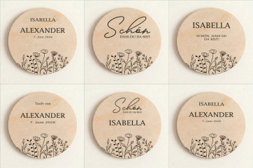 Platzkarten Taufe Holz Ø6cm | personalisiert | Wildblumen – Line Art
