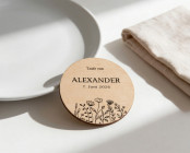 Platzkarten Taufe Holz Ø6cm | personalisiert | Wildblumen – Line Art