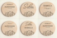 Platzkarten Taufe Holz Ø6cm | personalisiert | Wildblumen – Line Art